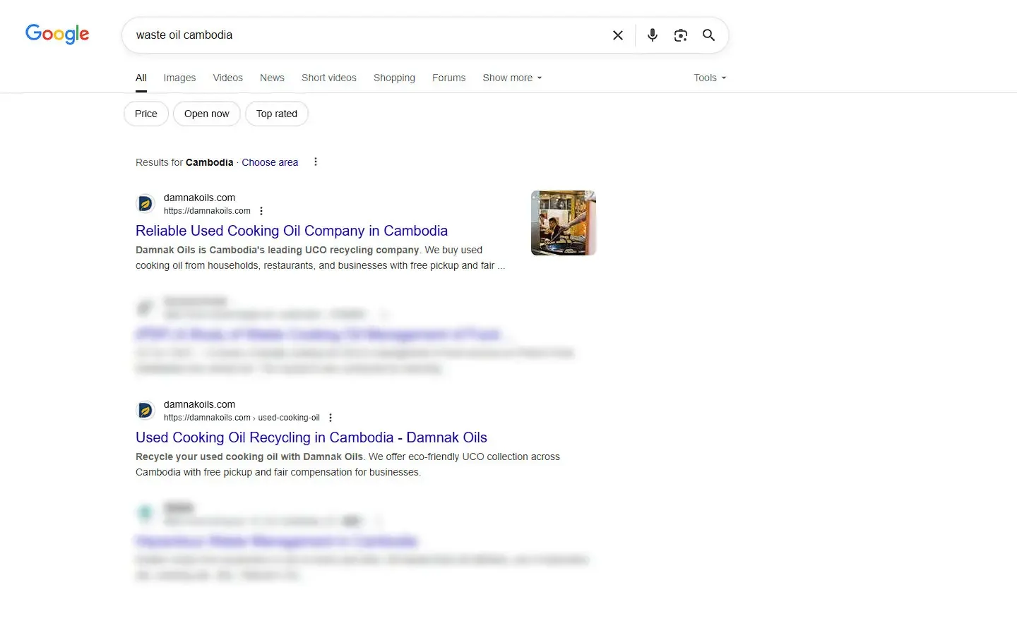 Damnak oils google results waste oil