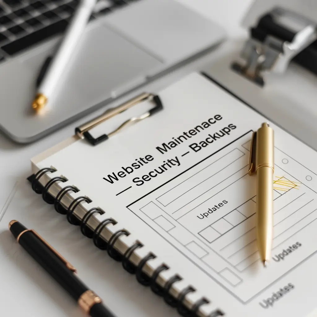 Notebook with website maintenance checklist for security and backups.webp