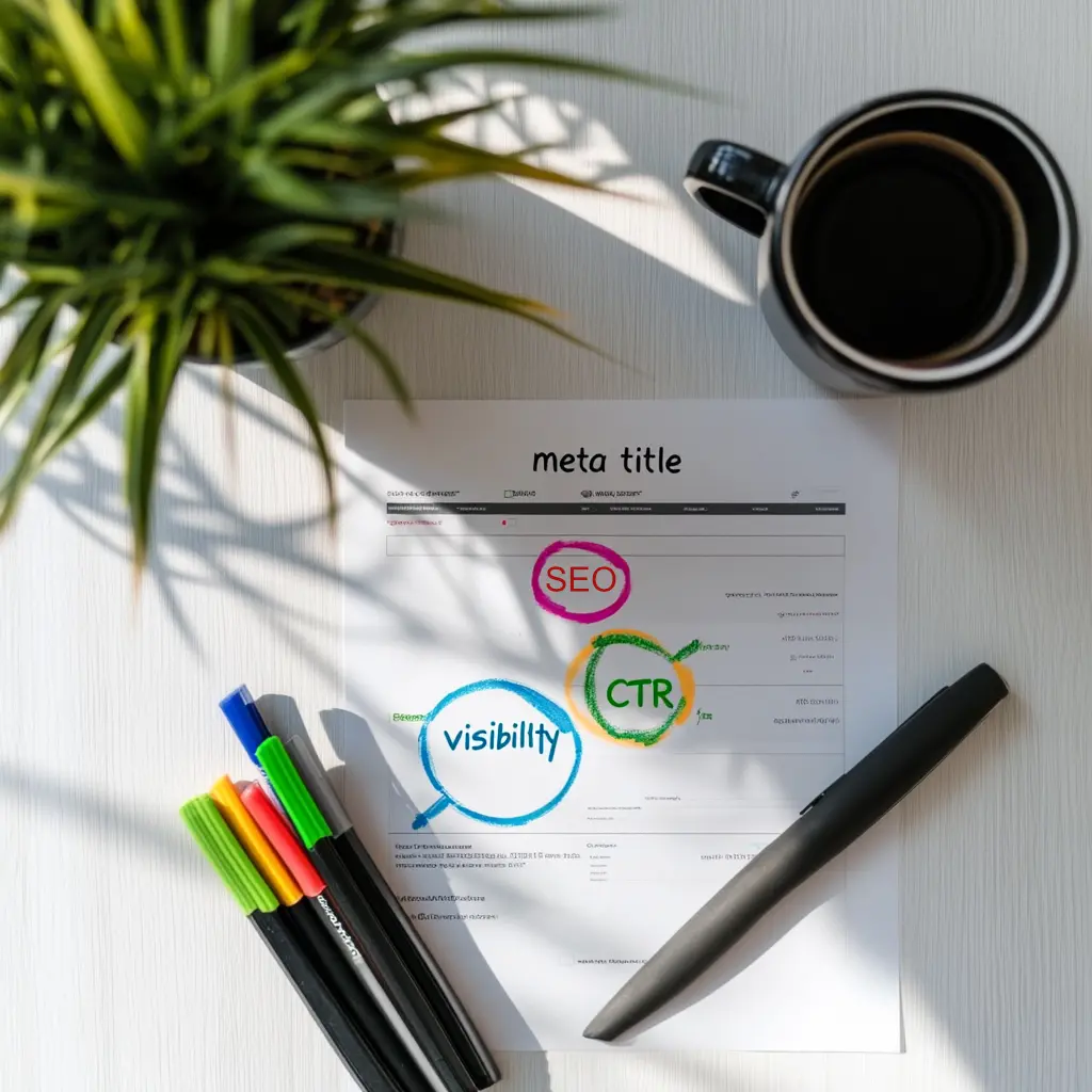 Printed SEO report highlighting meta title CTR and visibility.webp