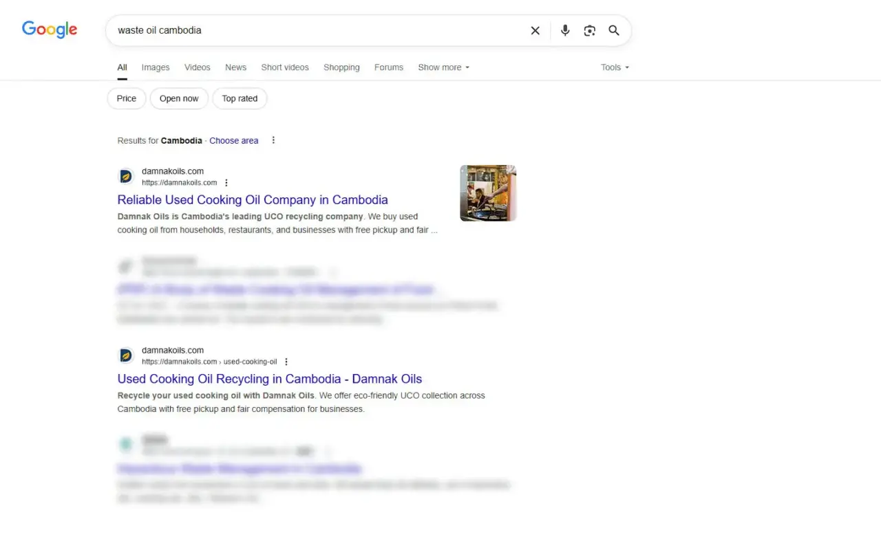 Damnak oils google results waste oil